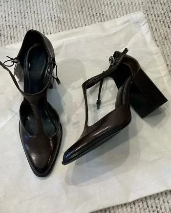 Ladies Pumps Shoes Pointed Toe Chunky Heel 6cm Lace Up Roman Mary Jane Women's Shoes High Heels