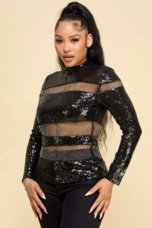 Women's Y2k Retro Hot Girls Style Top With Shining Sequins Mesh Stitching Stand Collar Design-for Night Shop Music Festivals