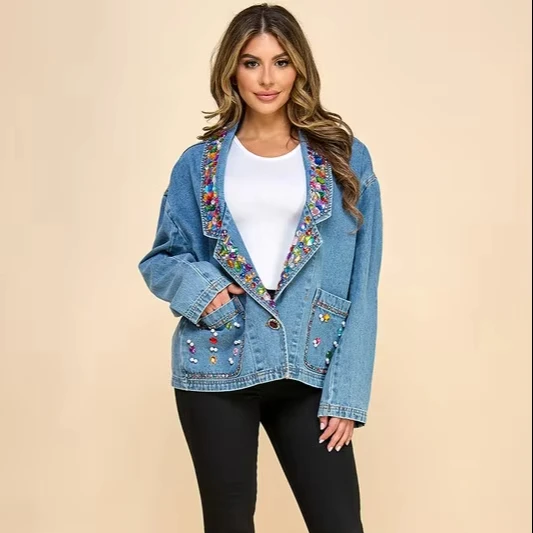 Women's Loose Denim Coat Coat Casual Street Dress Embroidery 3d Rhinestone Craft Autumn And Winter