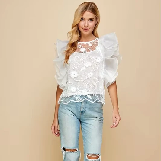 Lady's Sheer White Floral Embroidery Blouse - Organza Ruffled Sleeves, Elegant Style, Suitable For Parties And Gatherings