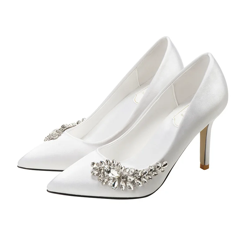 Small And Large Size Pointed Toe Pumps Pyramid Low Heel Rhinestones Wedding Shoes For Bride White