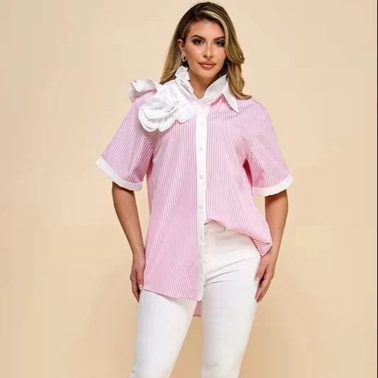 Ladies Striped Solid Color Fabric Casual Shirt