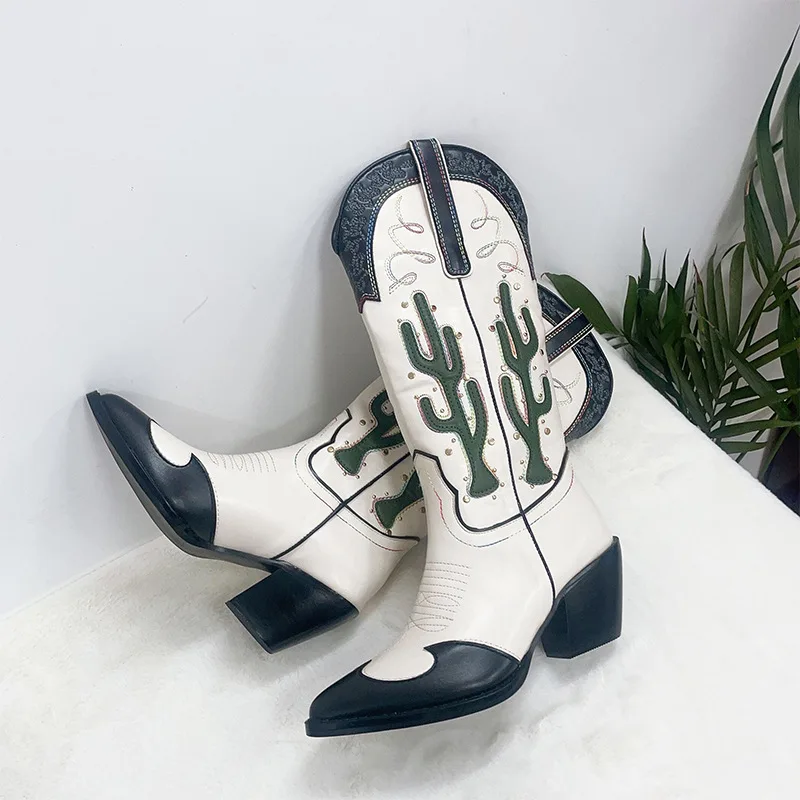 Hot Selling Chunky Heel Knee High Boots Ladies Pointed Toe Embroidery Cactus Women Western Cowboy Boots