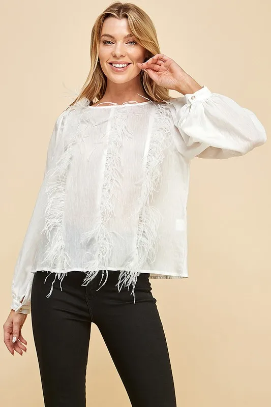 Women's White Feather - Trimmed Blouse - Lantern Sleeves, Elegant Style, Ideal For Party Gatherings