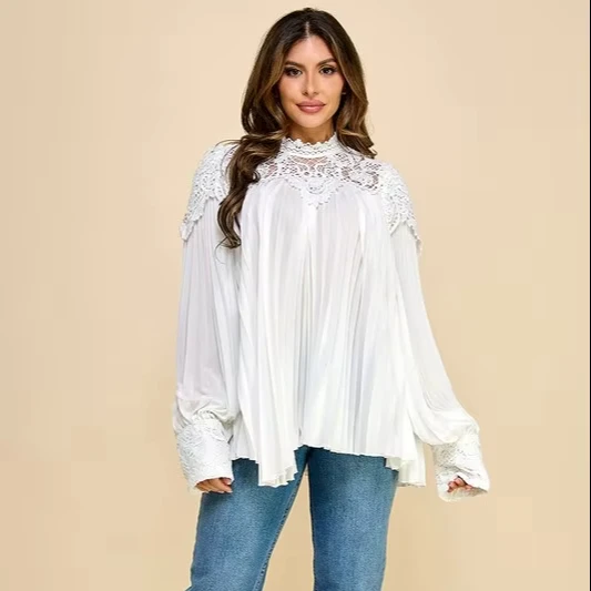 Ladies' Shoulder-seamed Cut-out Lace Pleated Elegant Top