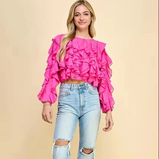 Autumn Tencel Blouse, Romantic Ruffled Cropped Top-suitable For Relaxed Parties And Everyday Wear