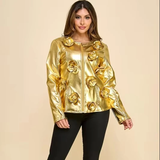 Women's Heavy Floral Embellished Leather Jacket Fashionable Winter Jacket With Beautiful Flower Decorations