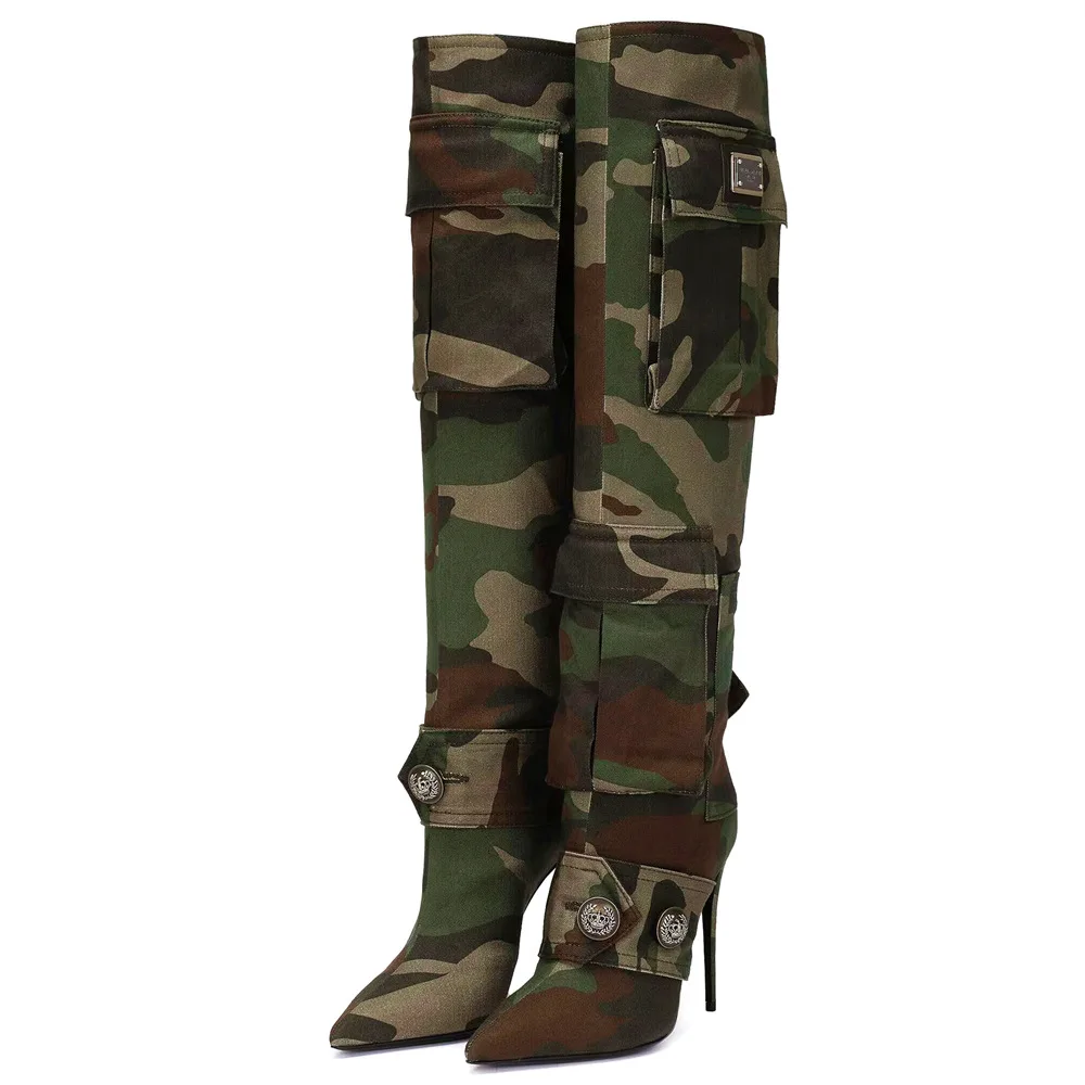 New Styles Camouflage Cloth Boots High Heel Fashion Large Size With Belt Women Over The Knee Boots