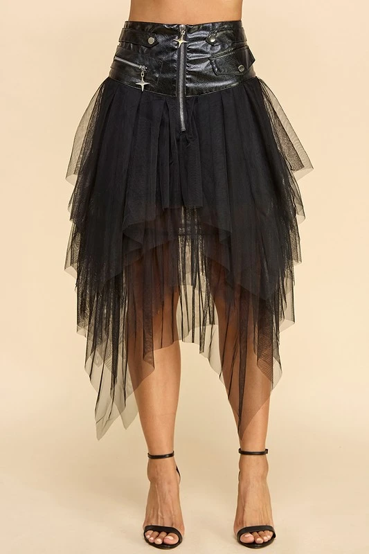 Women's Punk Style Stitching Mesh Skirt High Waist Leather Stitching Irregular Skirt Nightclub Party Hot Sale