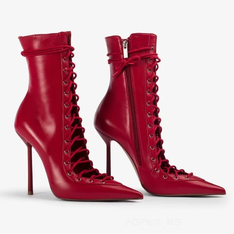 Lace Up Dress Red Stiletto High Top Ankle Boots Pointed Toe Plus Size Sexy Women High Heel Short Boots