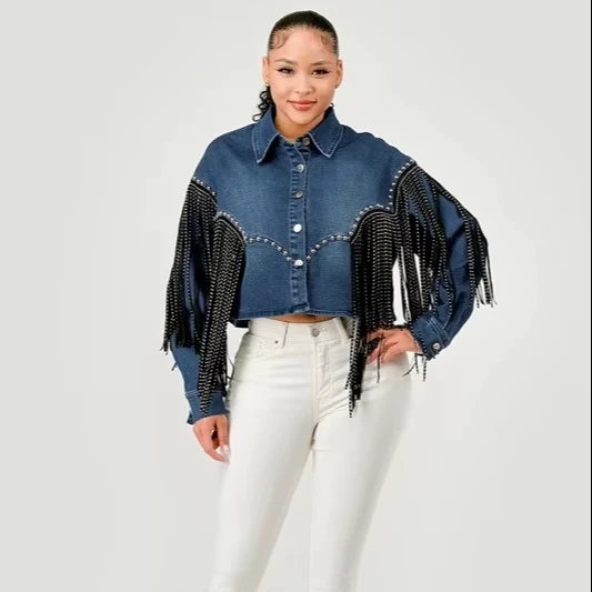 American Fashion Women's Casual Denim Jacket With Tassel And Rivet Decorative Wash Button Decor For Autumn Winter Y2k Style