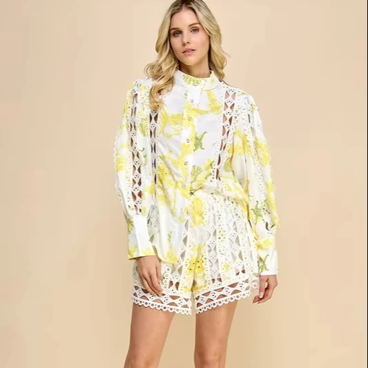 Women's Floral Print Two-piece Set Cutout Details Puff Sleeves Knee Short Shorts Casual Style Lace For Beach Vacations