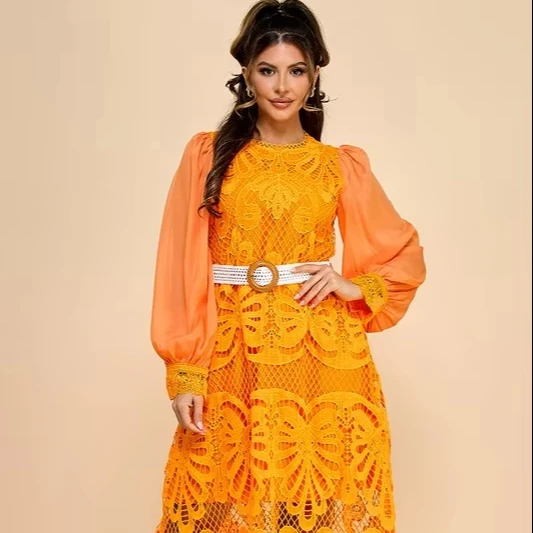 Women's Crochet Maxi Dress - Sheer Lantern Sleeves, Belted Waist, Ideal For Evening Galas