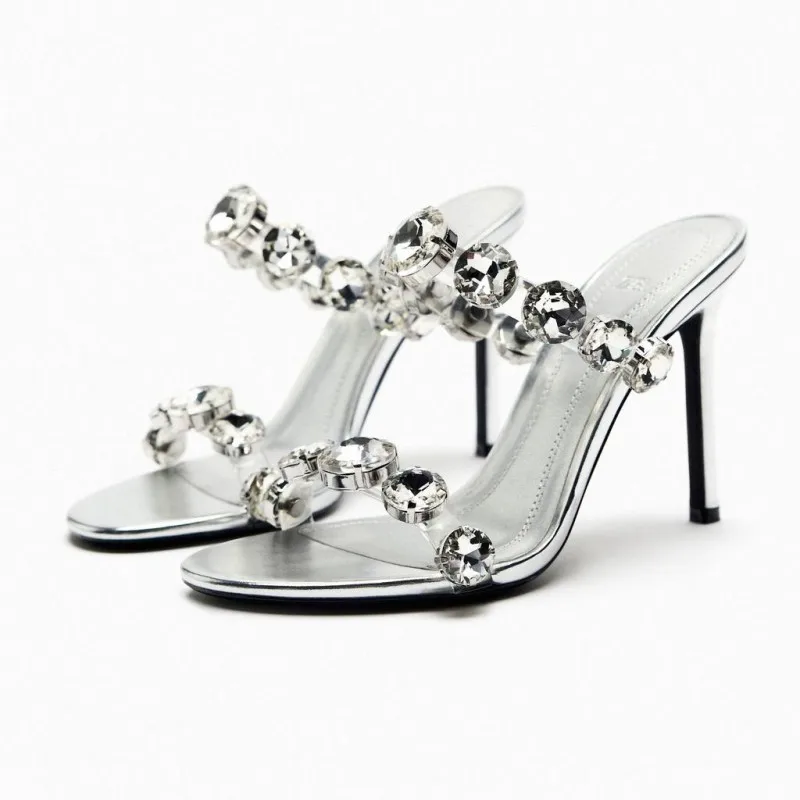 2023 Summer New Women's Shoes Silver Rhinestone Slide Ladies Heels Slippers And Sandal