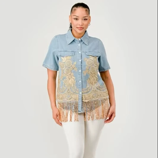 Women's Fashion Golden Flower Embroidery Denim Short Sleeve Shirt With Tassel Trendy Activities Suitable Tops