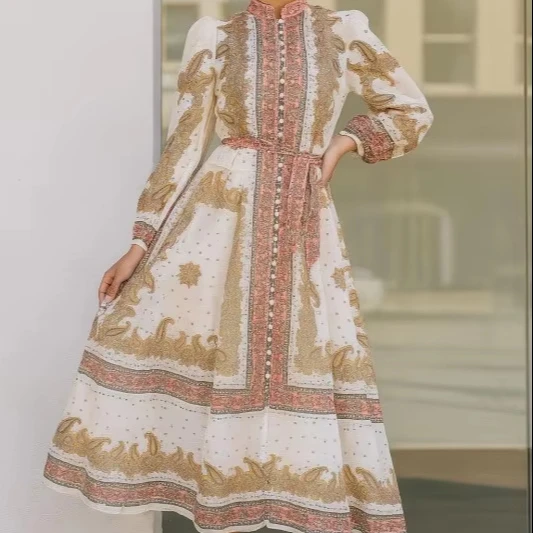 Women's Bohemian Style Maxi Dress Long Floral Printed Waistline Woven With Digital Printing Button Decoration