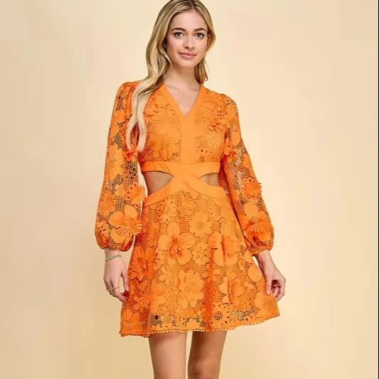 Women's Sweet Style Floral Lace Dress With Bubble Long Sleeves And Lace-up Belt For Autumn Parties