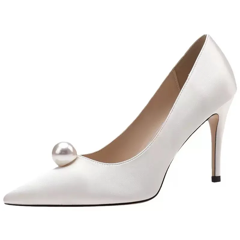 Ladies Bride Shoe Pointed Toe Stiletto Wedding Shoes Set Big Size White Lace Pearls 8 Cm Heel Women's Wedding Shoes
