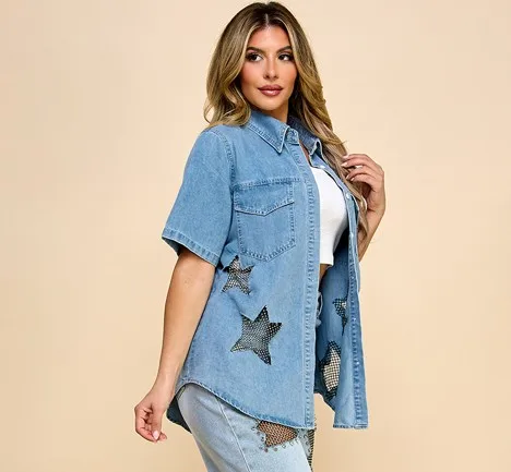 Women's Short Sleeve Denim Shirt With Star Mesh & Diamond Hollow Design Button Decoration For Music Festival Summer Style