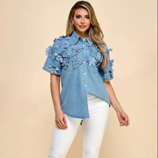 Ladies' Floral Fashion Denim Short-sleeve Shirt