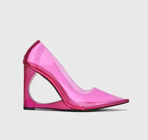 Women's Hot Pink Clear Heel Shoes Pointed Toe Unique Wedge Sculptural Heel Slip On Luxury Transparent Pumps