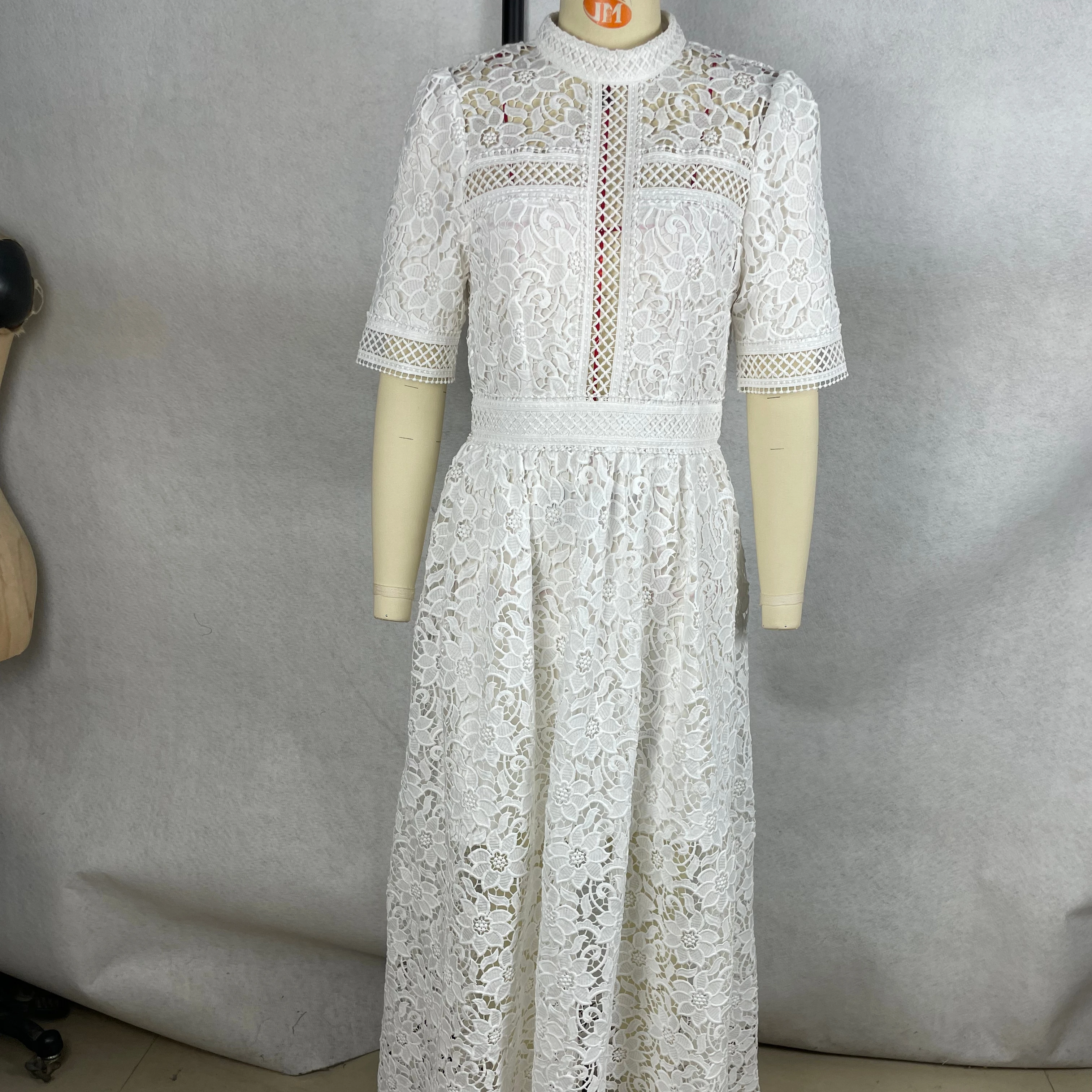 Ladies' Vintage Style Sheer Lace Dress Casual Elegant Long Dress Short-sleeve Embroidered Natural Waistline Woven Weaving Method