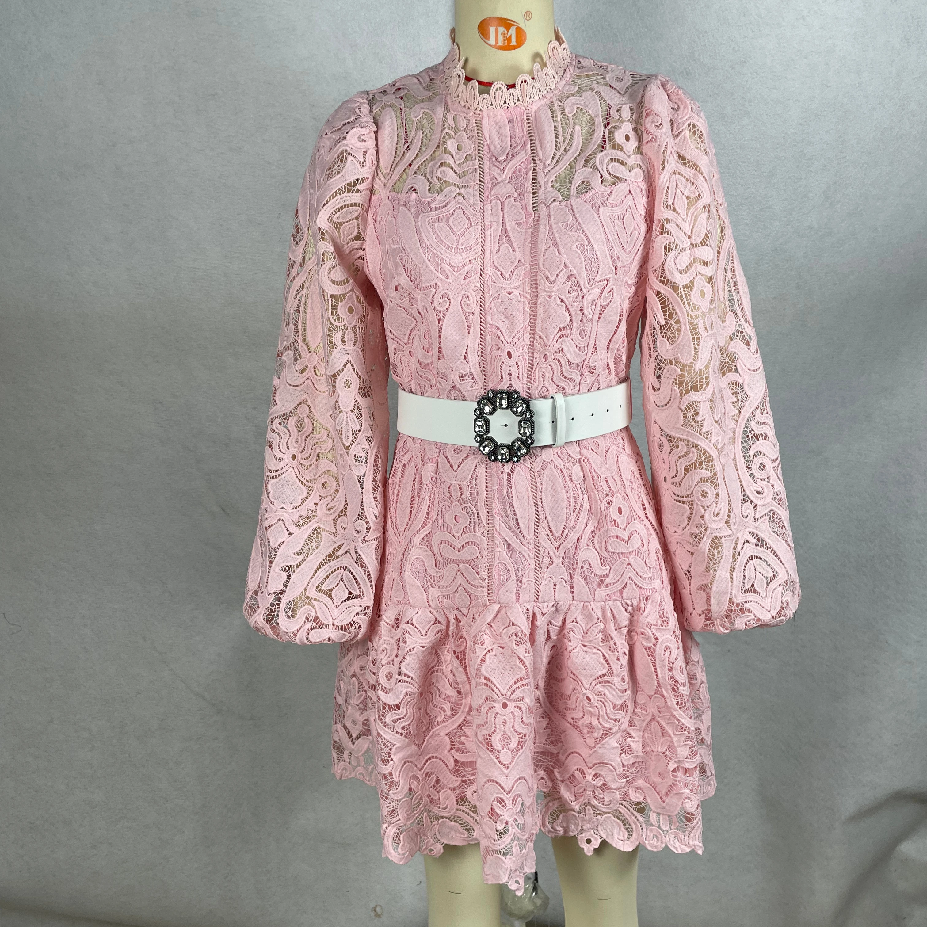 Elegant Knee-length Lace Fabric Dress With Natural Waistline Woven Weaving Method