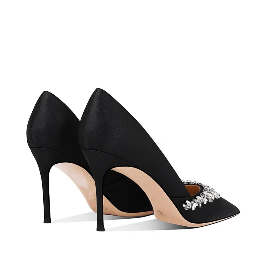 Elegant High Heels Black Dress Shoes Ladies Rhinestone Stiletto Heels Satin Bridal Shoes Women High Heels Pumps