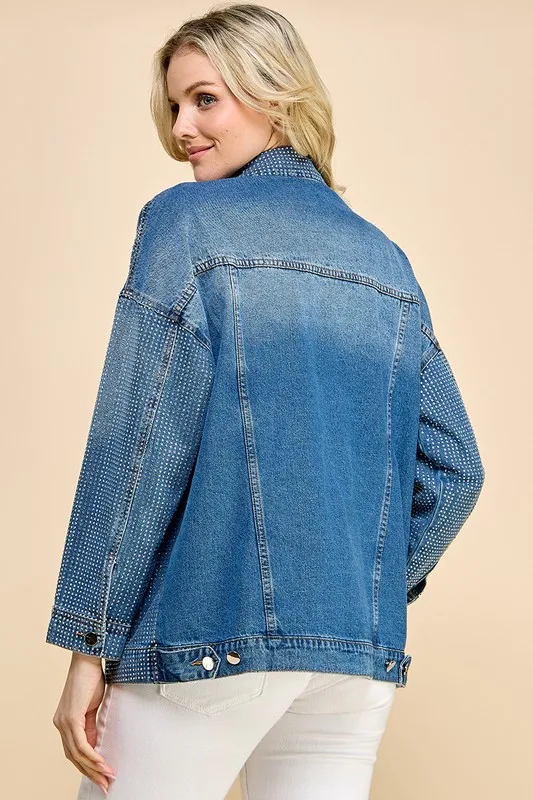 Women's Wash Denim Jacket With Button And Rhinestone Decoration Loose Fit Autumn/winter Vintage Style For Casual Wear