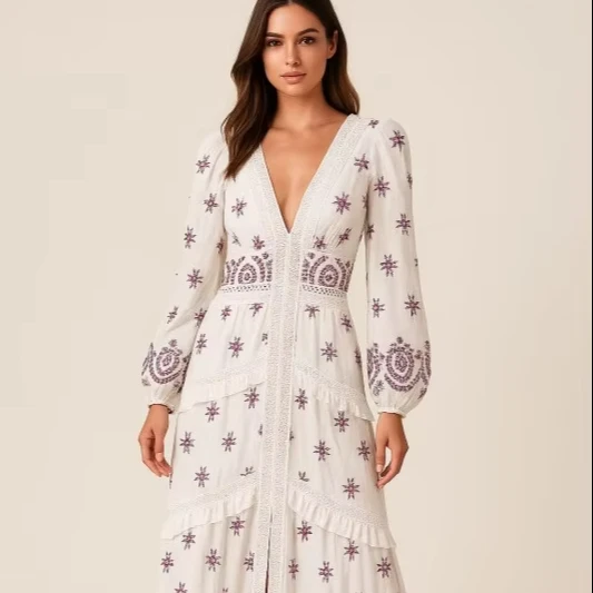 Autumn Long 100% Cotton Dress With Embroidered Lace And Ruffled Edges Natural Waistline Woven Weaving Method