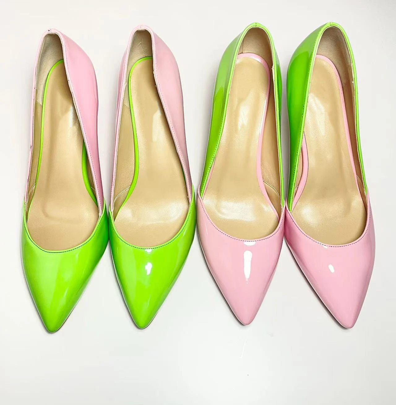 Patent Leather Pink &green Mixed Color High Heel Pumps Ladies Pointed Toe Luxury Women Thin Heel Pumps