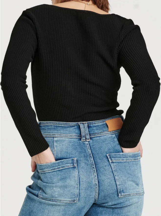Women's Black Sweater Long-sleeved Top-rib Weave Heart-shaped Collar, Slim Fit, Suitable For Casual Going Out, Daily Wear