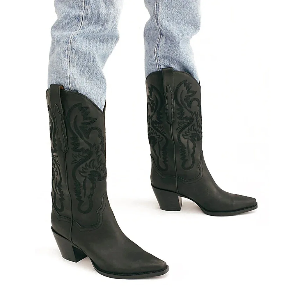 New Trend Cowgirl White Western Mid Calf Low Studded Embroidered Cowboy Boots For Women