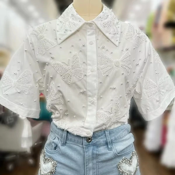 Women's Pearl Shirt With Butterfly Embroidery Front Beading Short-sleeved Cute Style Woven Xl Size For Daily Wear Commuting