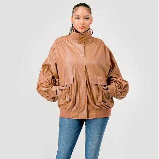 Women's European American Daily Street Jacket High Collar Lantern Sleeve Imitation Leather Woven Button Solid Design Loose Fit