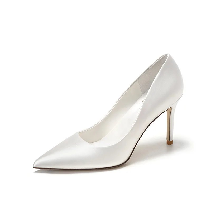 Cheap Silk Size 43 Pointed Toe Bride Pyramid Low White Heels For Wedding