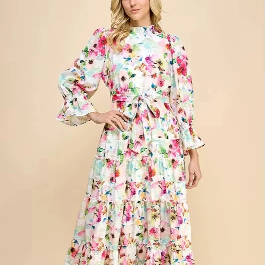 Lady's Floral Lace Woven Digital Printed Dress Cake Hem Pleated Technique Ruffle Embellishment Sweet Style Natural Waistline