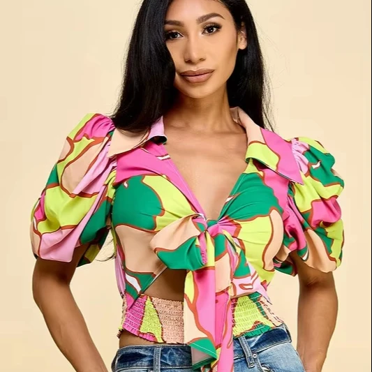 Women's Sexy Floral Summer Spring Short Sleeve Blouse-vibrant Color Puff Sleeves Tie-front For Casual Wear
