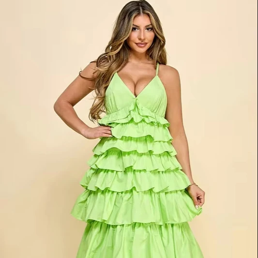 Elegant Women's Sleeveless Dress V-neck Tiered Ruffles For Ladies Casual Sweet Style For Day Occasions For Spring Summer Galas