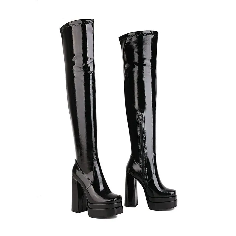 Chunky Heel Waterproof Platform Leather Zipper Red Sexy Women Elastic Over The Knee High Boots