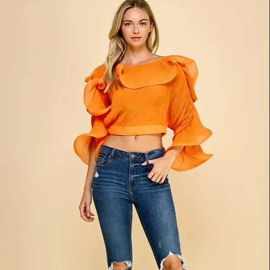 Women's Sexy Horn Sleeve Navel Short Top With Irregular 3d Ruffles Pleated Winter Woven For Casual Gathering And Party