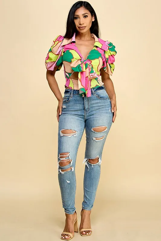 Women's Sexy Floral Summer Spring Short Sleeve Blouse-vibrant Color Puff Sleeves Tie-front For Casual Wear