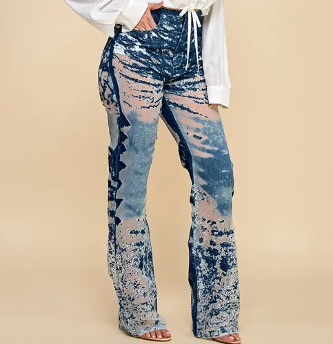 Women's Loose Denim Trousers Burned Flower Embellishment Y2k Style Casual Straight Festival Fashion For Music Parties Waist Logo
