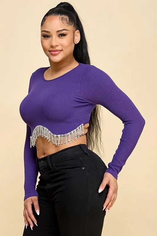 Women's Knitted Seamless Long Sleeve Slim Fit Jacket Top For Nightclub Outings Music Parties Rhinestone Tassels