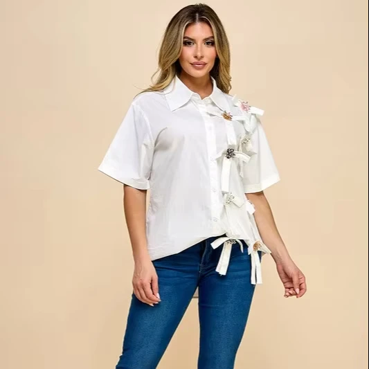 Women's Bow-embellished Woven Summer Long Sleeve Shirt Oversized Button-down Casual With Shirt Collar