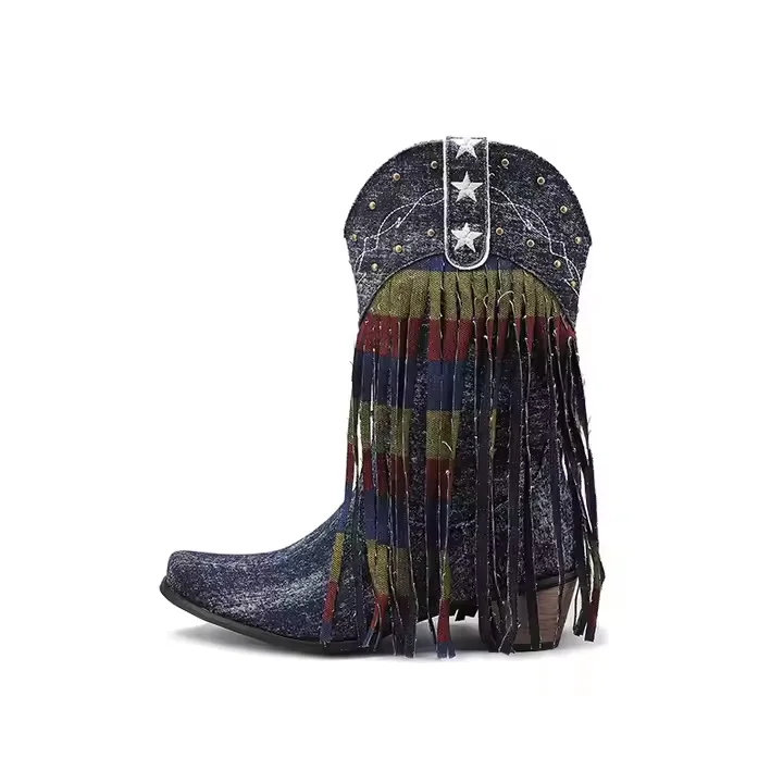 Ladies Calf Boots Size 34-43 Denim Fringe 5cm Block Heel Women Western Boots