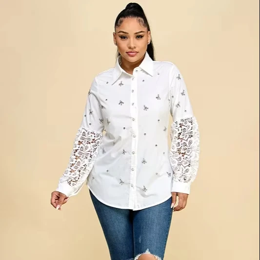 Lady's Sexy Rhinestone-adorned White Shirt, With Sheer Lace Trimmings On The Cuffs And Back. Perfect For Vacations And Outings.