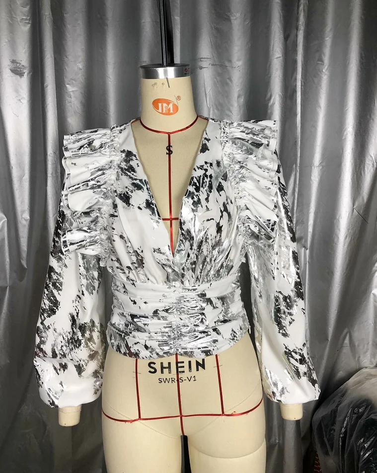 Summer Fashion Woven Silver Foil-stamped Simple Design Heavily Pleated Women's Blouse