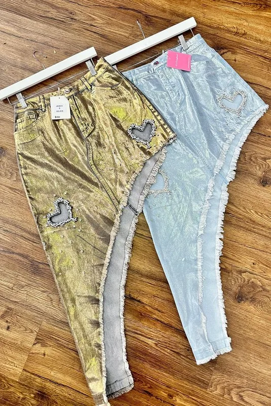 Women's Casual Style Burr Denim Skirt With Gold Silver Gilding Love Hollow Design For Street Fashion Activities Waist Logo