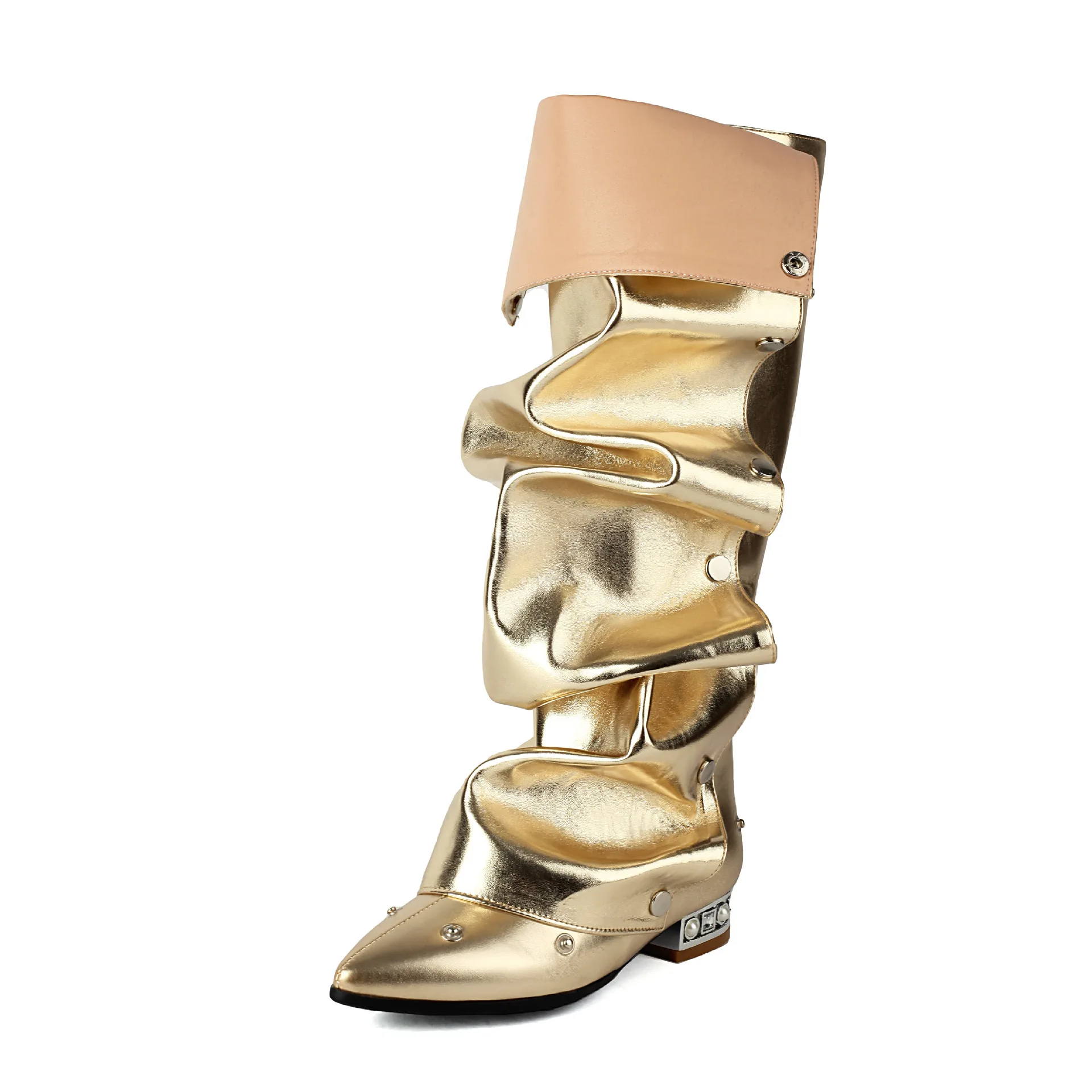 Winter Shoes Plus Size 48 Metal Rivets Black Pleated Upper Flats Square Heels Wide Fit Women Knee High Long Boots